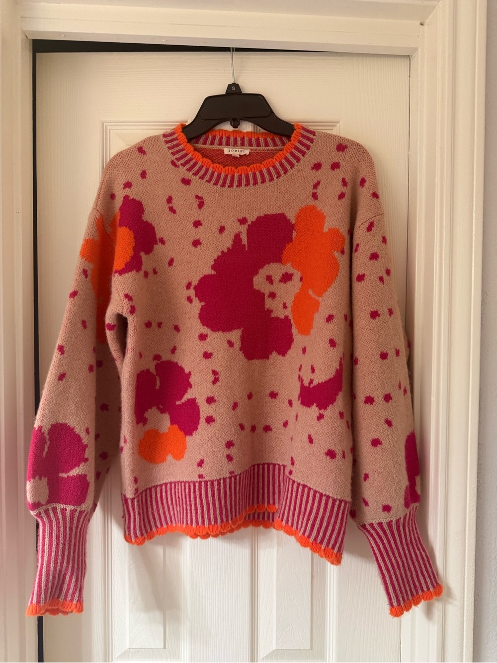 JODIFL Blush Crewneck Sweater with Pink & Orange Floral Accents